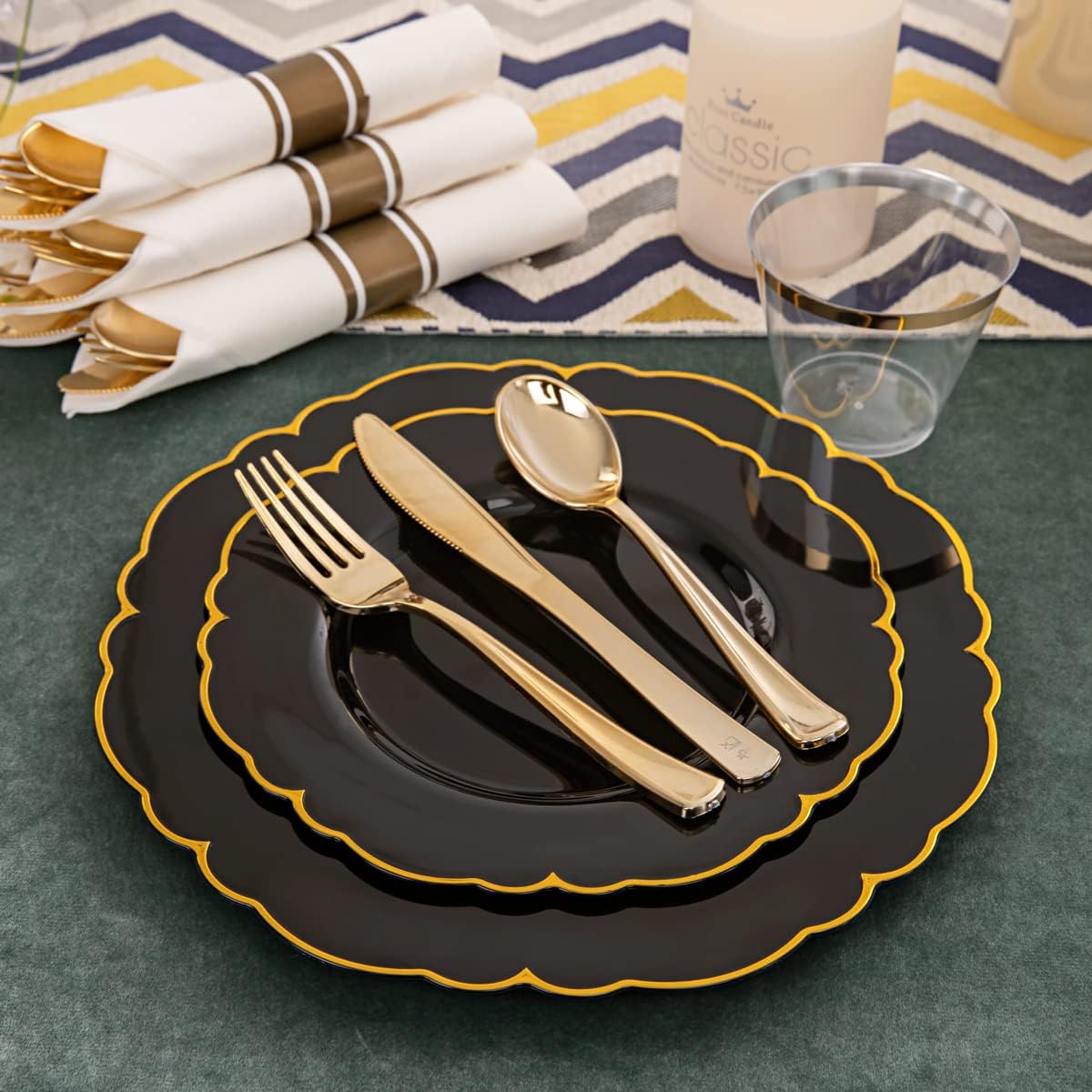Morejoy 175PCS Black Gold Plastic Plates, Black Plate with Rolled Napkins: 50 Plates, 25 Spoons, 25 Forks, 25 Knives, 25 Cups for Wedding & Party & Birthday & New Year & Halloween