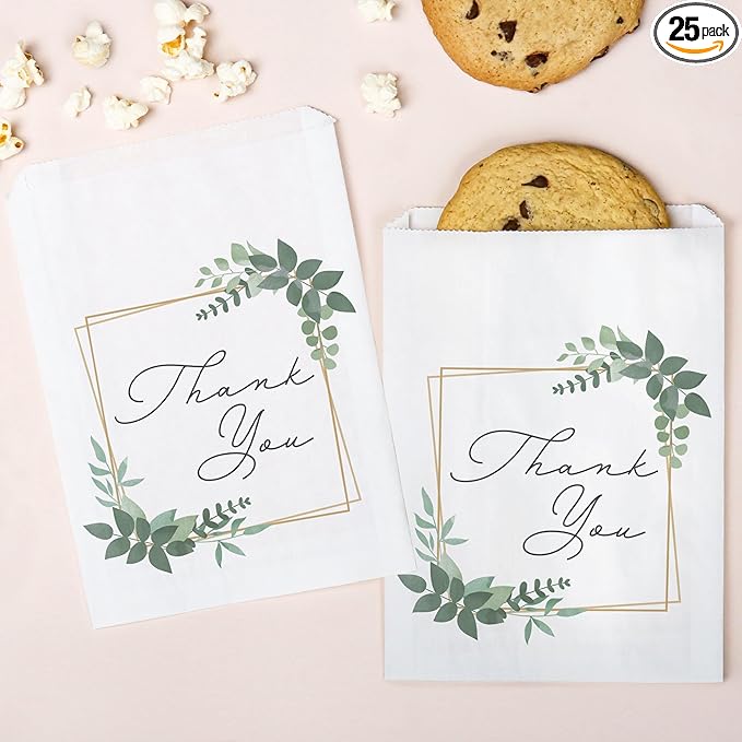 Boho Botanical Thank You Paper Treat Bags, Greenery Bridal Shower or Wedding Party Individual Candy Snack Favors, Greaseproof White Sandwich Cookie Bags - 25 Count