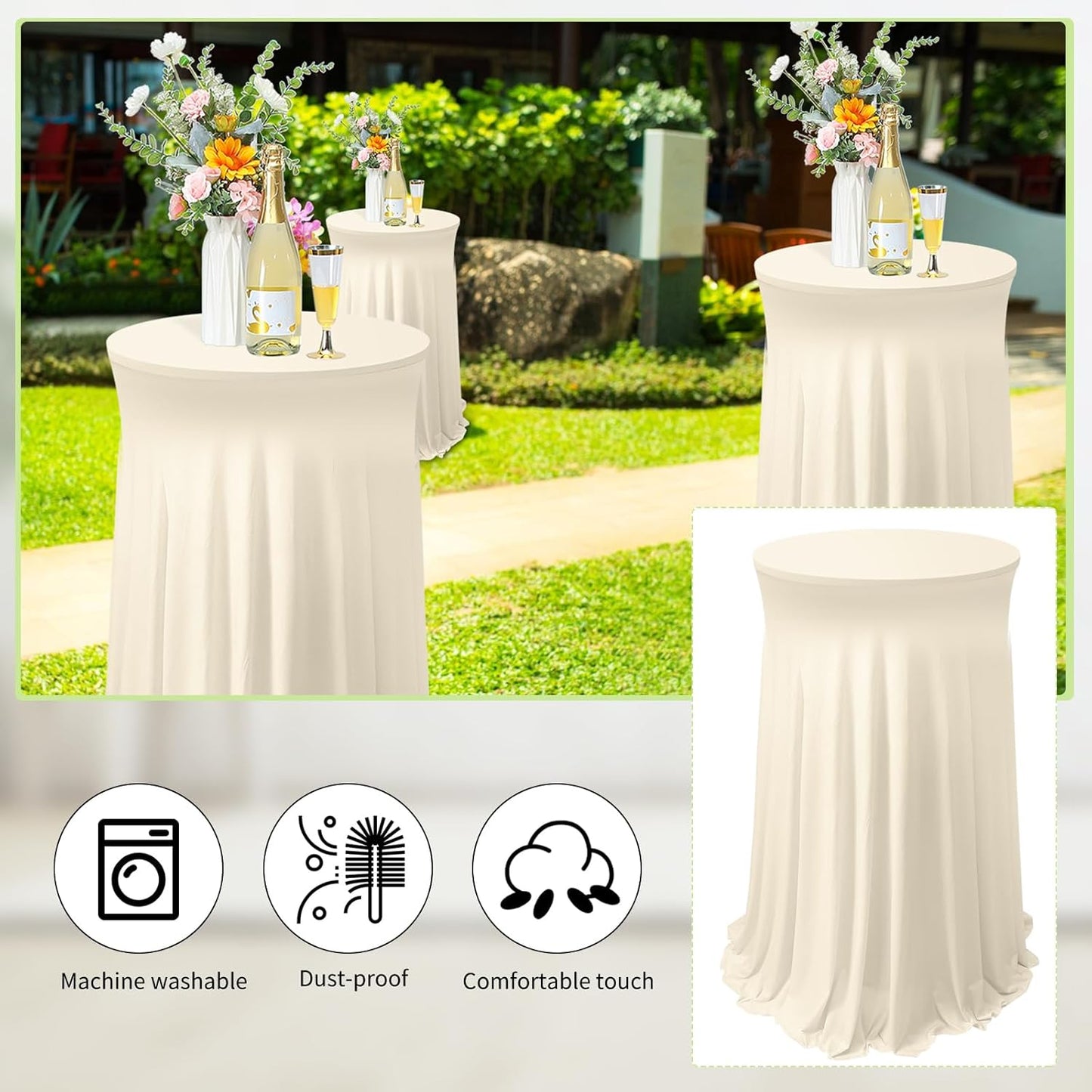 Tegeme 32 x 43 Inch Round Spandex Cocktail Tablecloths with Skirt Cocktail Round Table Cover Spandex Stretch Tablecloth for Fitted High Top Table Bar Wedding Party Banquet (Beige,1 Pack)