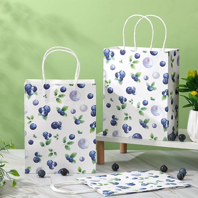 24 Pcs Blueberry Gift Bags Baby Shower Paper Gift Bags with Handles Summer Medium Watercolor Blueberry Party Favor for Birthday Baby Shower Summer Picnic Tea Party Favors Supplies