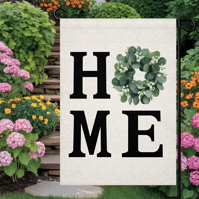 Garden Flag Home Green Eucalyptus Leaves Garland,Welcome House Flags for Outdoor Yard Porch, Retro Linen Double Sided Holiday Banner for Party Home Decor