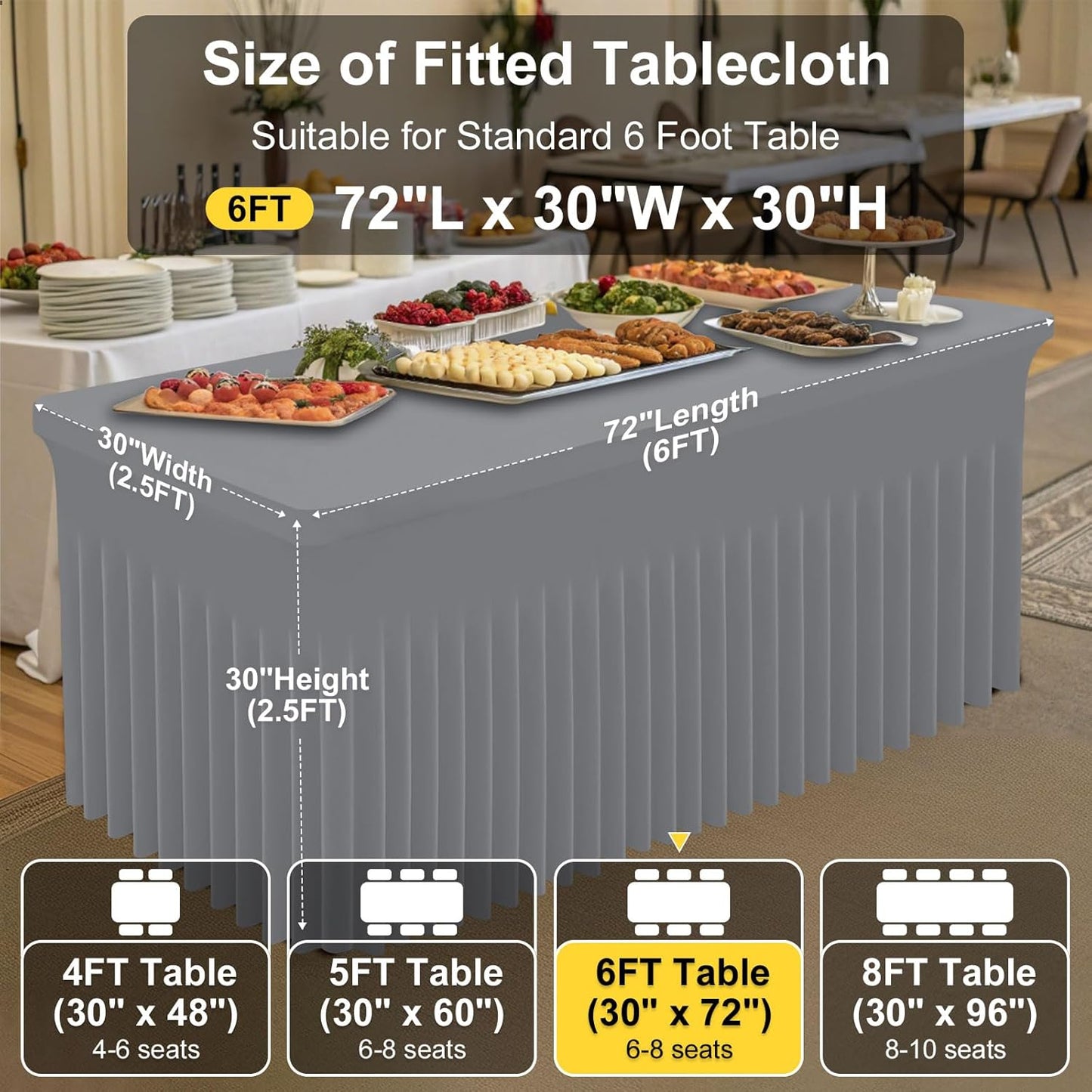 Smiry Spandex Tablecloth, Elastic Fitted Stretch Tablecloth for 6FT Rectangle Tables, Waterproof Washable Table Cover Skirt for Outdoor, Wedding, Banquet & Parties (Grey, 72Lx30Wx30H Inch)