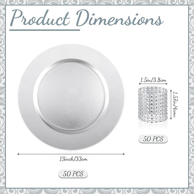 Tanlade 100 Pcs Charger Plates Set Bulk Include 50 Plastic Plate Chargers and 50 Napkin Rings 13" Round for Dinner Table Setting Wedding Baby Shower Decoration(Silver)