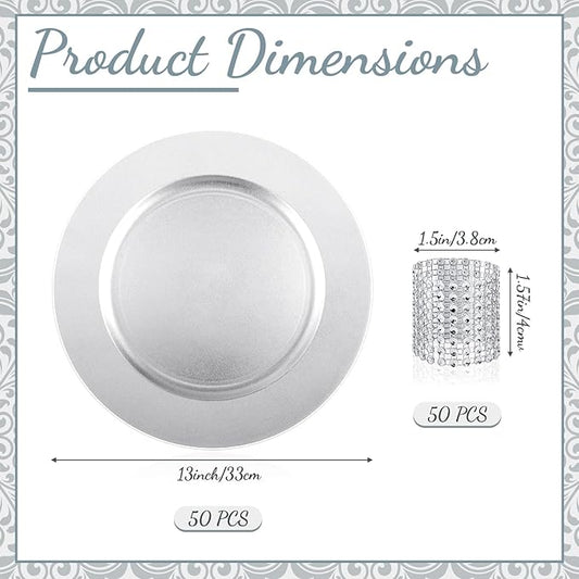 Tanlade 100 Pcs Charger Plates Set Bulk Include 50 Plastic Plate Chargers and 50 Napkin Rings 13" Round for Dinner Table Setting Wedding Baby Shower Decoration(Silver)