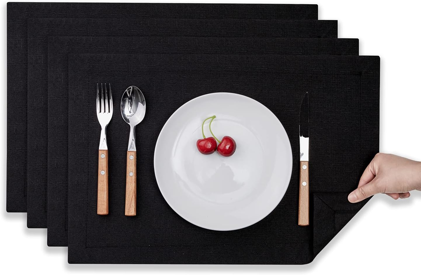 Mebakuk Cloth Placemats, Machine Washable Linen Style Thick Place Mats, Heat Resistant and Easy to Clean Fabric Table Mats for Kitchen Dining Table (Black, Set of 4)