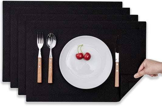 Mebakuk Cloth Placemats, Machine Washable Linen Style Thick Place Mats, Heat Resistant and Easy to Clean Fabric Table Mats for Kitchen Dining Table (Black, Set of 4)