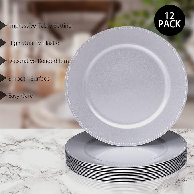 MAONAME Silver Charger Plates Set of 12, Round Dinner Chargers with Beaded, 13 Inch Plastic Plate Chargers for Wedding, Table Decor