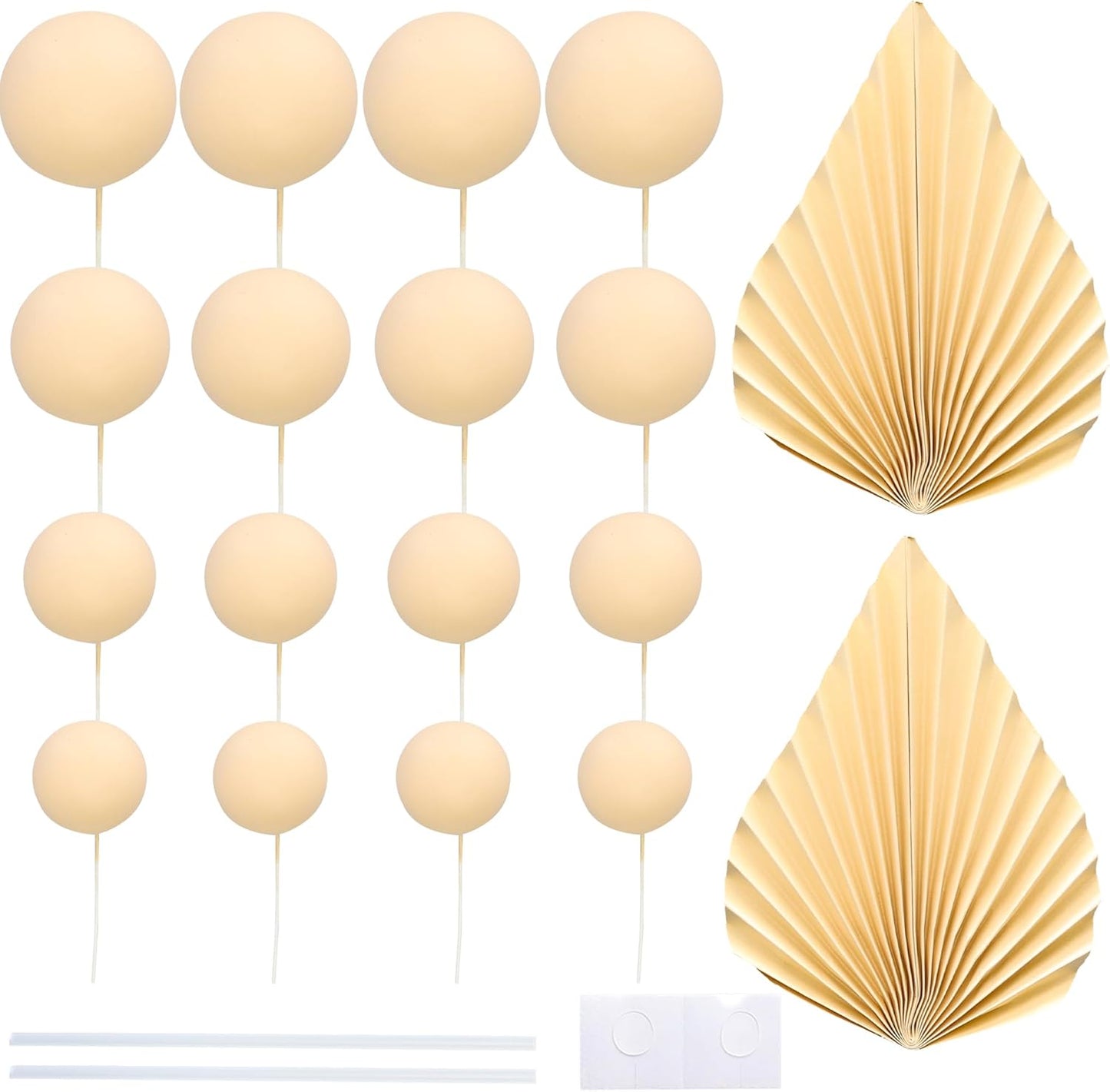 Ephlyn 28Pcs Paper Palm Fan Cake Topper Balls Cake Pick for Baby Shower Wedding Bridal Shower Birthday Party DIY Party Cake Decorations Supplies Beige