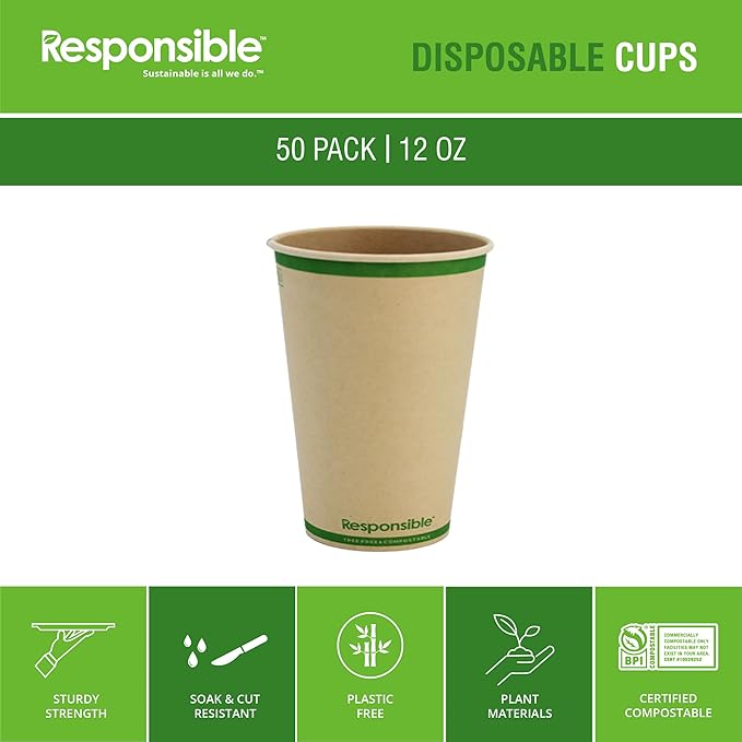 Responsible Products Certified Compostable 12 oz Paper Cups, Cold ＆ Hot Coffee Cups, Disposable Paper Cups, Extra Strength Disposable Cups, Made without PFAS (50 count)