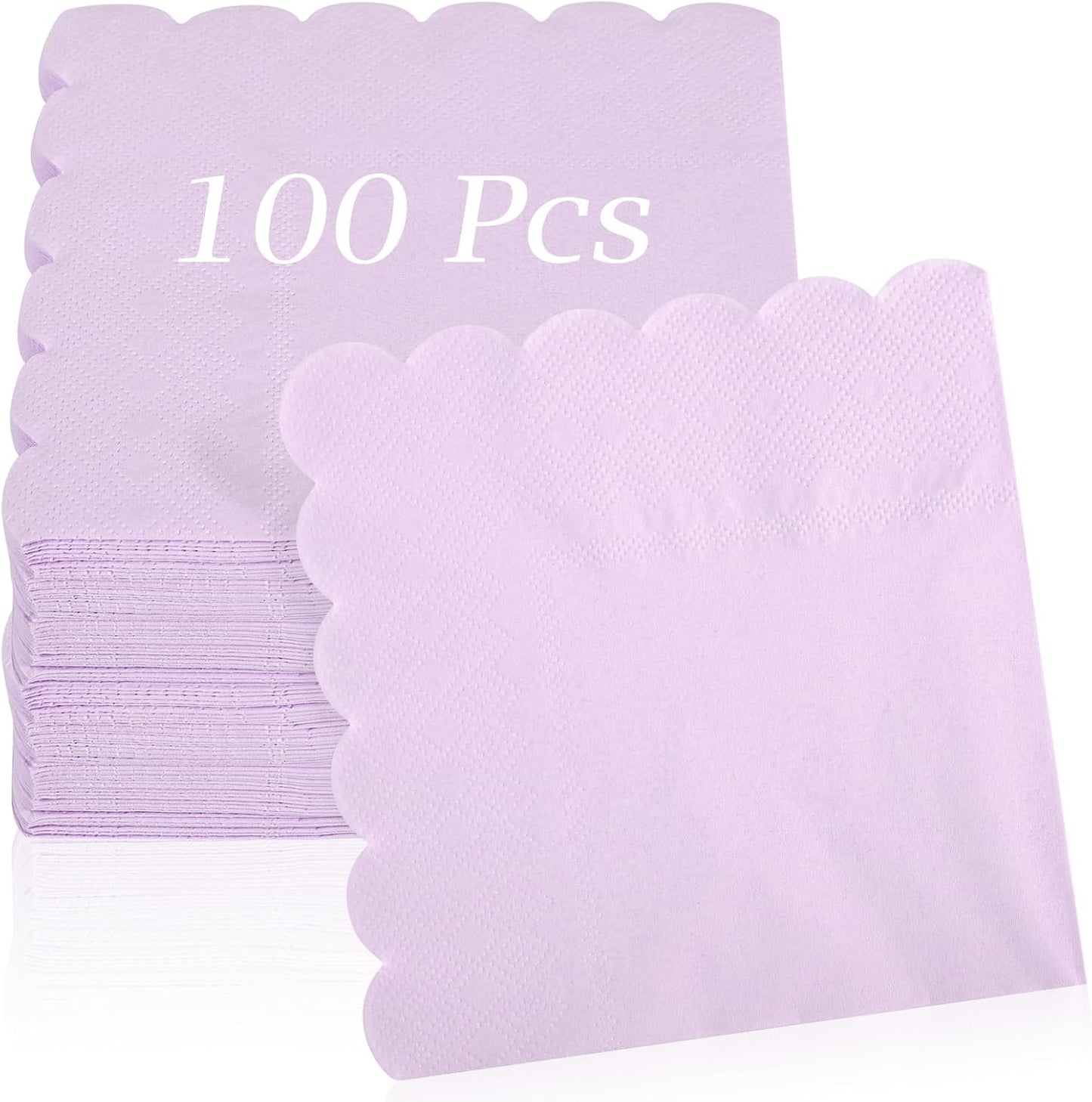 100 Pcs Cocktail Napkins, 2-Ply 5 x 5 Inches Disposable Scalloped Napkins, Thick Premium Dessert Napkins for Party, Wedding, Dinner, Birthday, Anniversary, Festival (Light Purple)