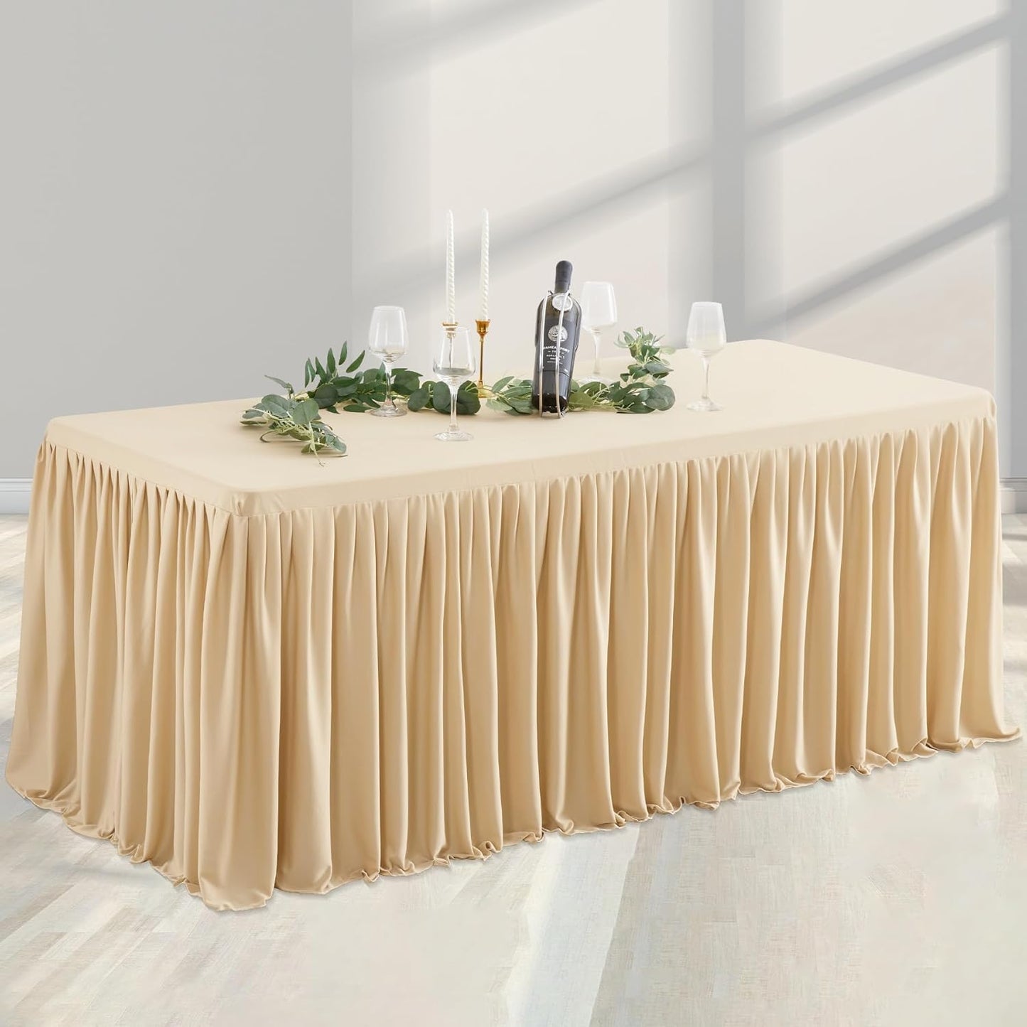 Champagne Polyester Table Skirt for Rectangle Tables 6ft, Wrinkle Free Pleated Ruffle Fitted Table Cover 6ft Stretch Tablecloths with Skirt for Parties Weddings Birthday Banquet Baby Shower