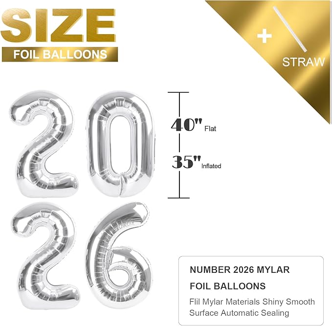 Silver Numbers Balloon, 40 Inch Balloons, Happy New Years 2026, Balloons for New Years Eve Party Supplies 2026, Graduation Decoration, 2 6 20 26 Birthday Parties