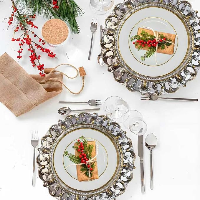 6 Pack Silver Charger Plates 13" Round Charger Plates for Dinning Plates with Embossed Rim Plastic Charger for Dinner, Wedding, Elegant Tableware Decor