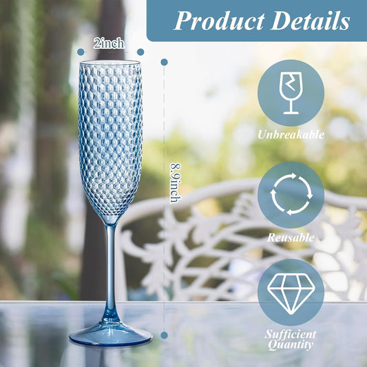 24 Pack Plastic Champagne Flutes Vintage Light Blue Goblet Champagne Glasses Unbreakable Wedding Toasting Glasses Diamond Wine Glasses Crystal Wine Cups Clear Drinking Glasses 5.5 OZ for Bridal Shower