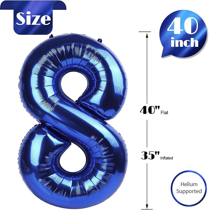 Night Blue 8 Balloon, Number Balloons 40 Inch, 8th Birthday Decorations for Girls, Birthday Balloons, Night Blue Party Supplies, Number 8 Balloon
