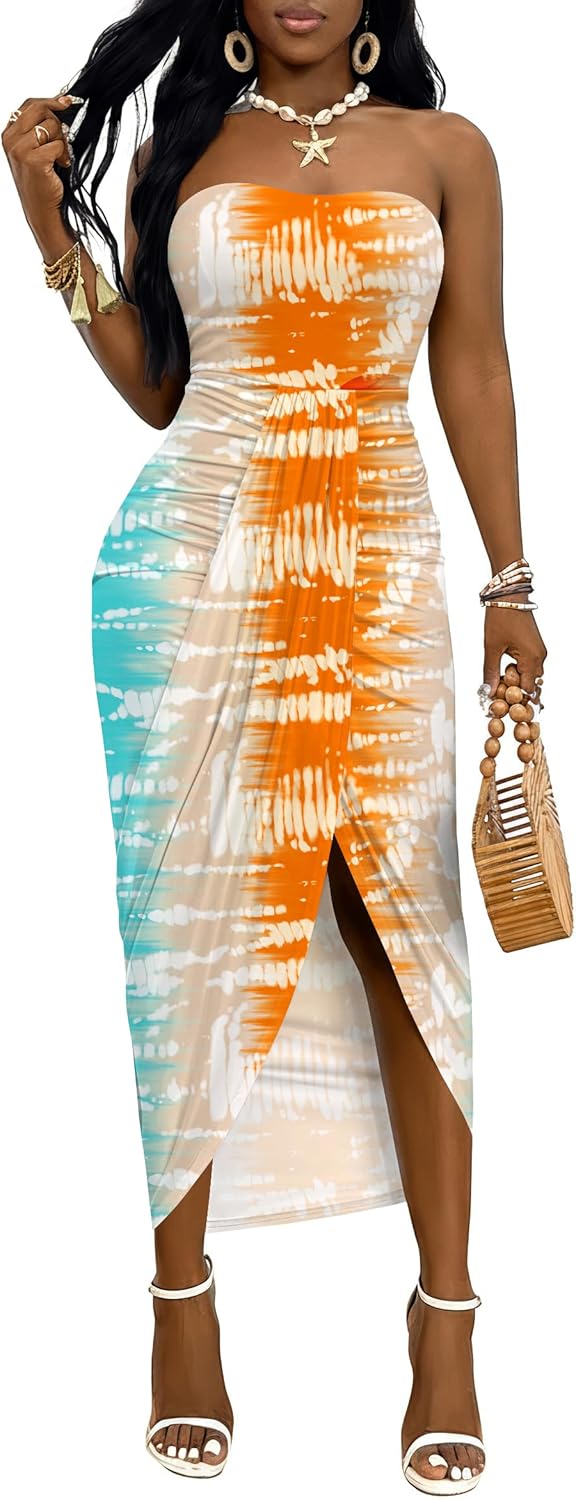 Umenlele Women's Strapless Ruched High Waist Wrap Split Asymmetrical Beach Maxi Long Dress