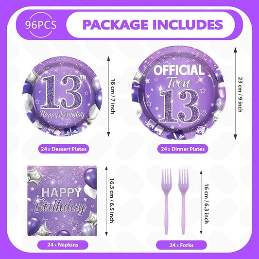 96Pcs 13th Birthday Decorations for Girls Purple Silver Official Teen 13th Plates and Napkins Sets Lavender Glitter 13 Year Old Party Decorations for Kids Official Teenager Birthday Favors Serve 24