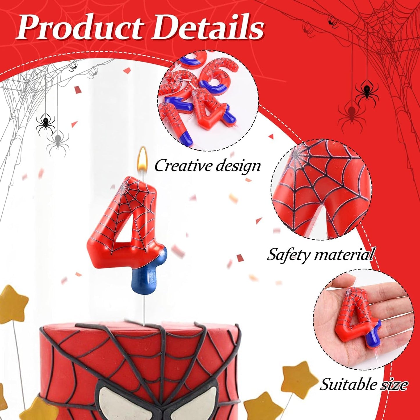 Spider Themed Birthday Candle Number 4 Candle Birthday Cake Candles Party Decoration Cake Topper for Spider Party Decoration Theme Party Supplies (Number 4)