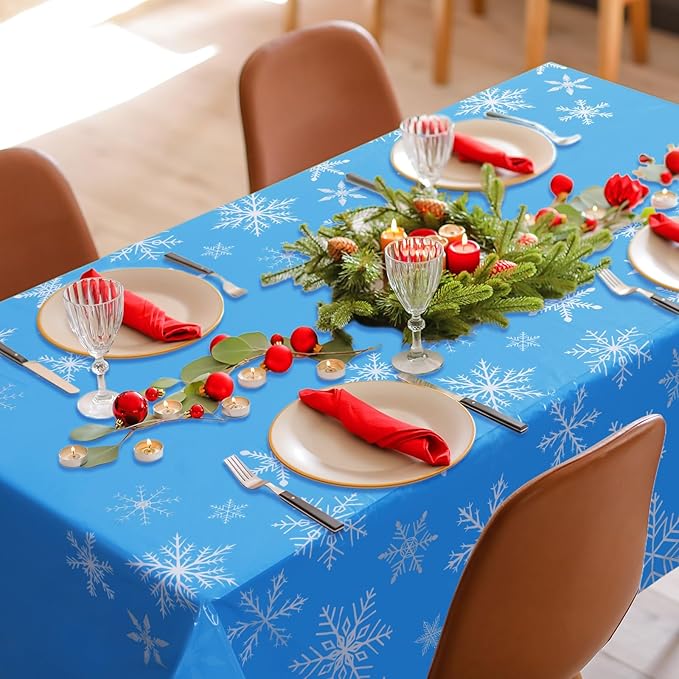 Peryiter 6 Pcs Winter Snowflake Plastic Tablecloth Decorations, Christmas Wonderland Disposable Table Cover 54 x 108 Inch Blue and White Dining Table Cover for Winter Holiday Theme Party Supplies