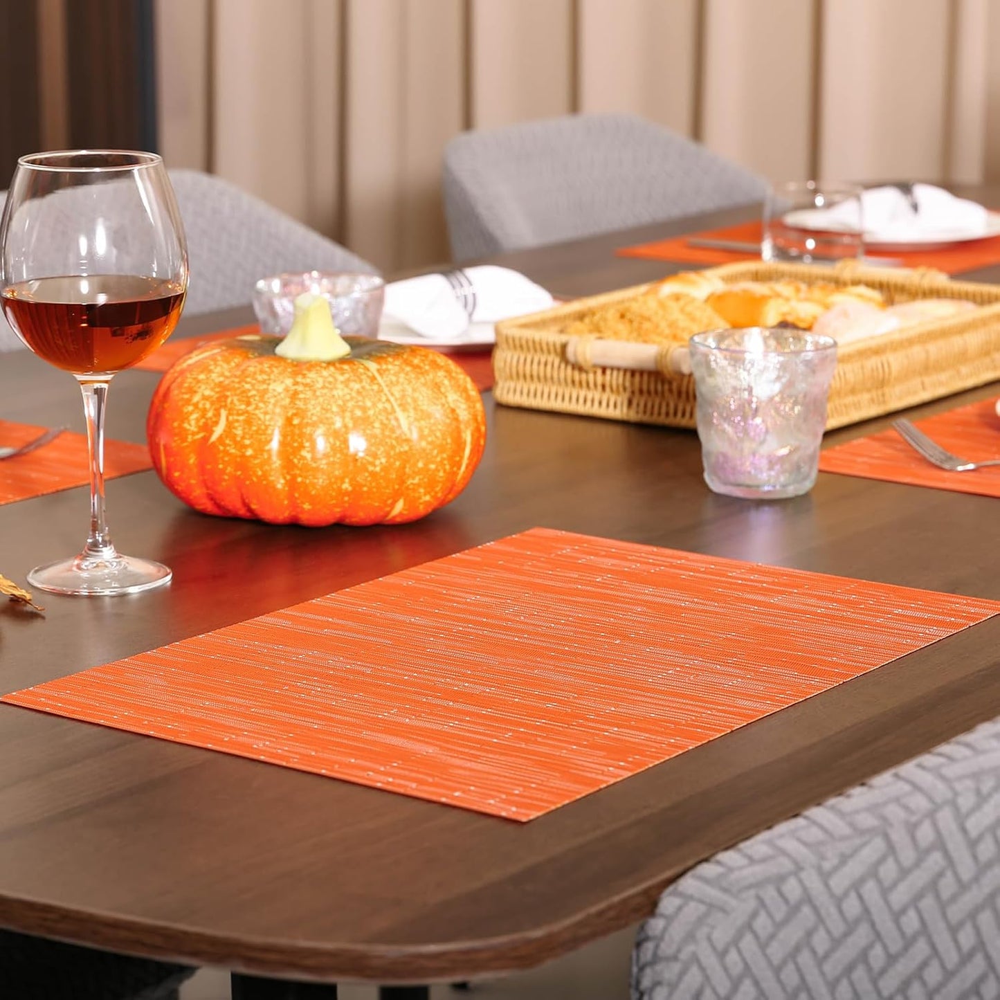 Thanksgiving Placemats Set of 6 Fall Place Mats Pumpkin Maple Leaves Table Mats Washable Non-Slip Heatproof Woven Placemats for Dining Table (17.7" X 11.8")