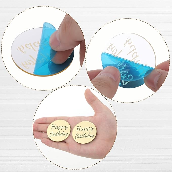 20 Pieces Happy Birthday Acrylic Cake Topper Round, Gold Disc Circle Engraved Personalized Mini Custom Mirror Set for DIY Cupcake Decoration