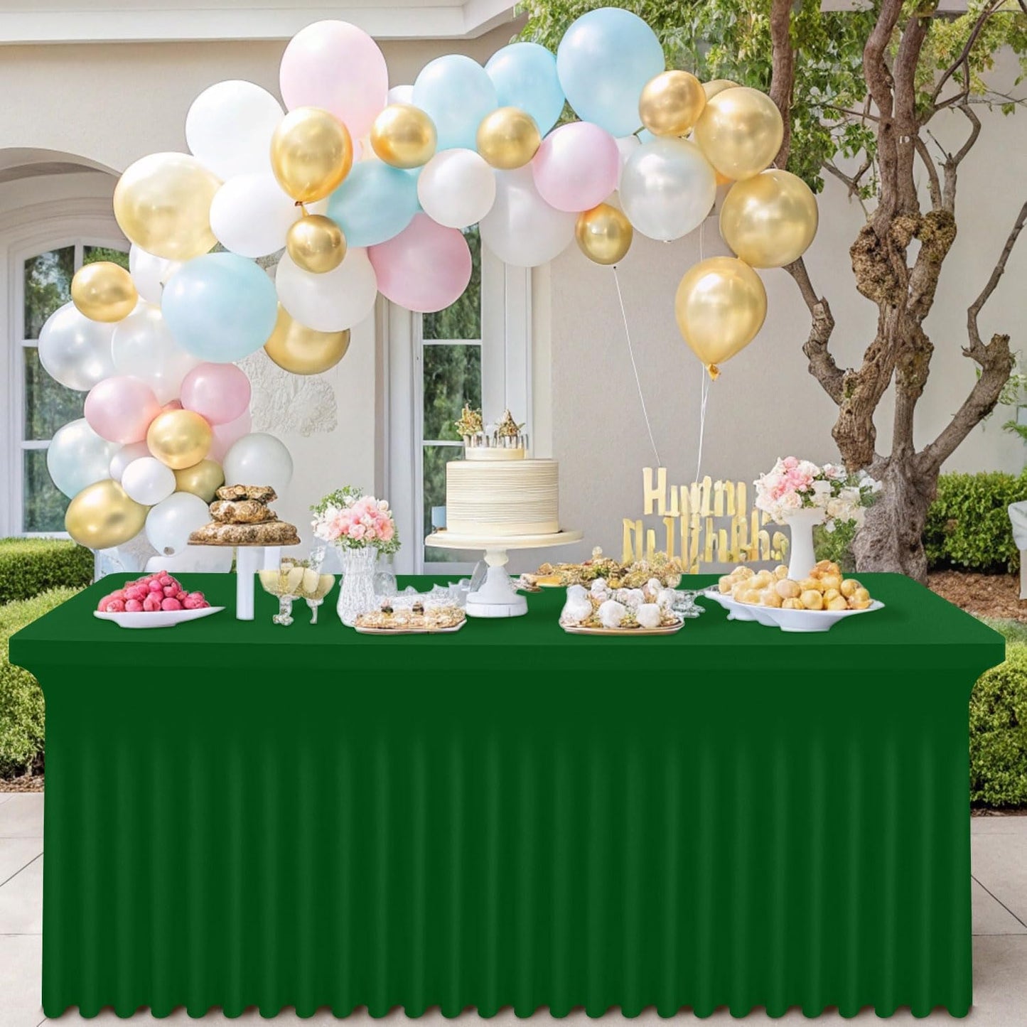 Smiry Spandex Tablecloth, Elastic Fitted Stretch Tablecloth for 8FT Rectangle Tables, Waterproof Washable Table Cover Skirt for Outdoor, Wedding, Banquet & Parties (Emerald Green, 96Lx30Wx30H Inch)