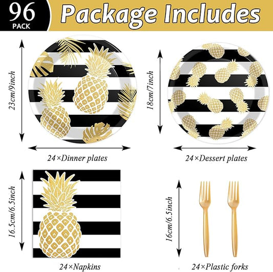 OBUSATT 96Pcs Pineapple Party Supplies Tropical Pineapple Paper Plates Napkins Summer hawaiian luau Party Decorations Fruit Dinnerware Party Favor Birthday Wedding Tableware Serves 24