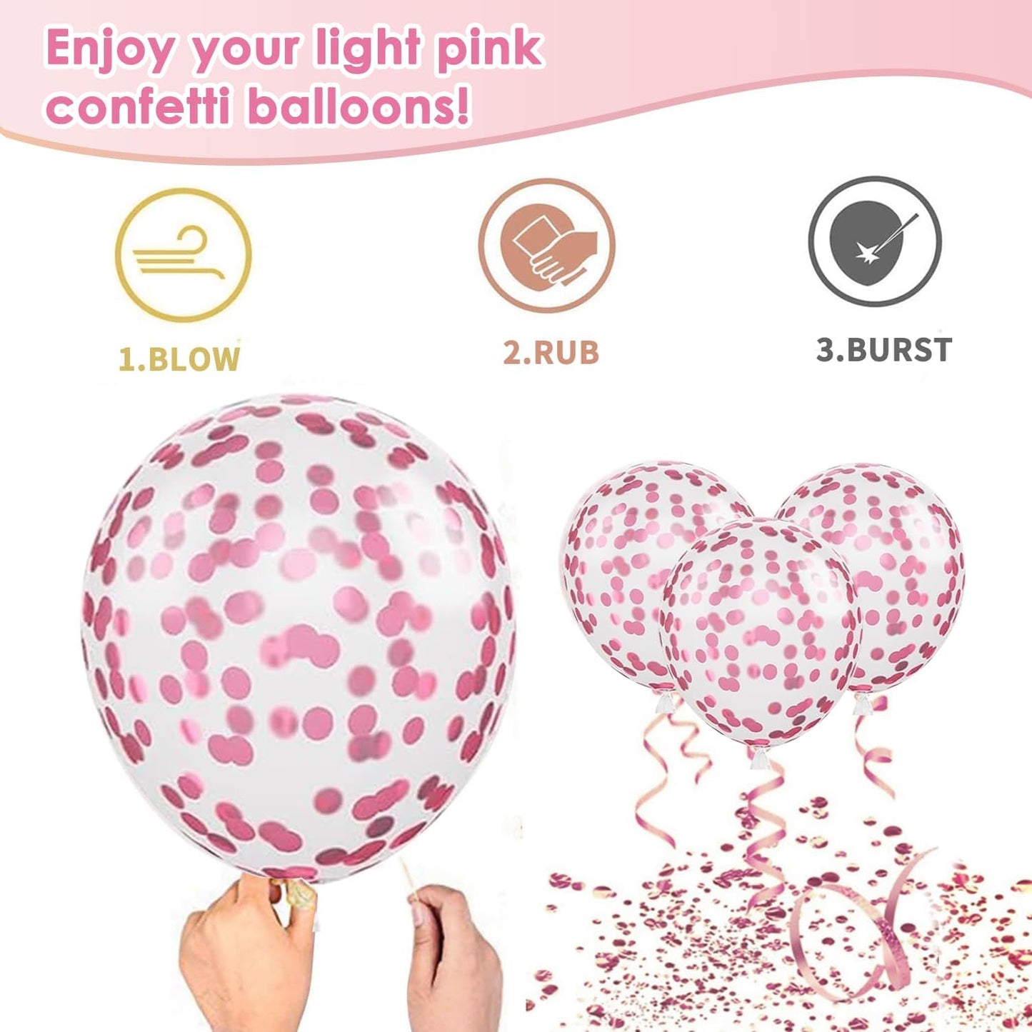 Light Pink Confetti Balloons, 50pcs 12 Inch Metallic Pink Balloons and Hot Pink Latex Balloons Pink Balloon for Birthday Party Wedding Anniversary Gender Revea Princess Party Decorations