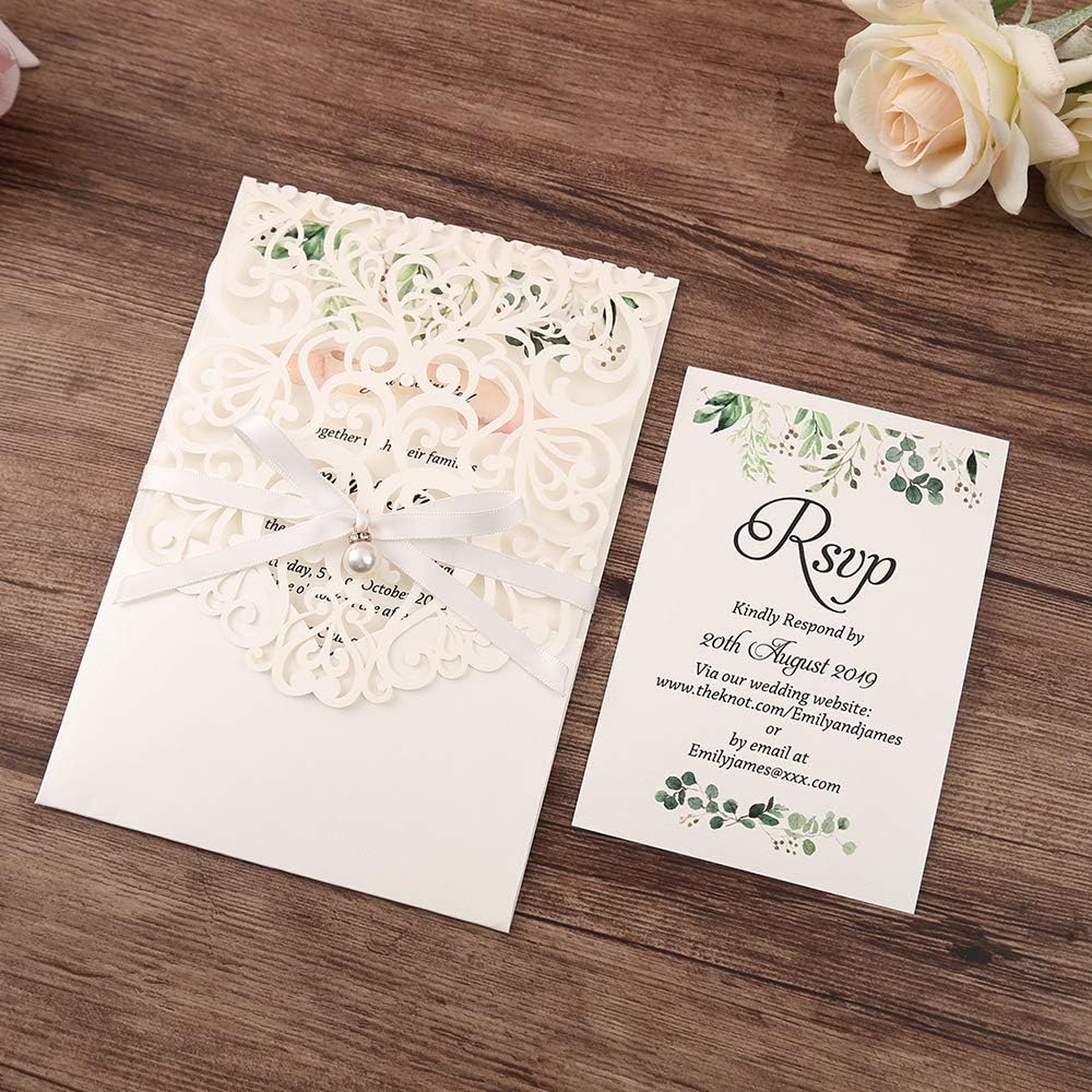 5X7.2 Inch 50PCS Personalized Laser Cut White Wedding Invitations With Rsvp Cards And Envelopes And Ribbon Belly Band Pearl Embellishments Wedding Invitation Cards For Wedding Invite