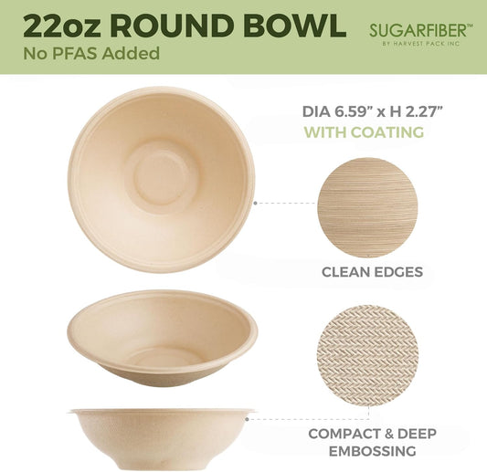 [1000 Count]Sugarfiber by Harvest 22oz Round Bowls PFAS Free with PLA coating - Compostable Heavy-Duty Eco-Friendly Disposable Bagasse Bowl Sugarcane made plant fibers for Meal Prep