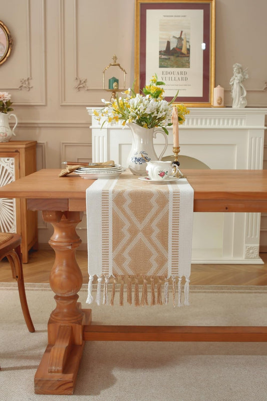 Boho Table Runner ， Natural Cotton Woven Khaki Runner，for Modern Farmhouse Decor, with Tassels for Home Dining Table Decor 14 x 90 Inch Long