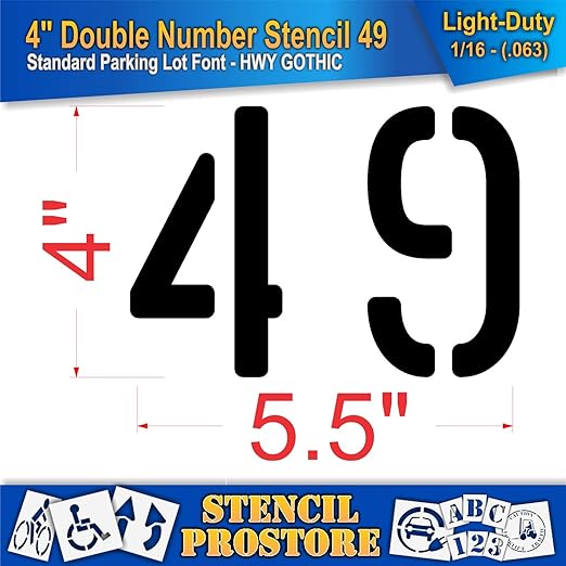 Pavement, Curb, and WheelStop Stencils - 4 inch Double Number Stencil - (49) - 4" x 5.5" x 1/16" (63 mil) - Light-Duty