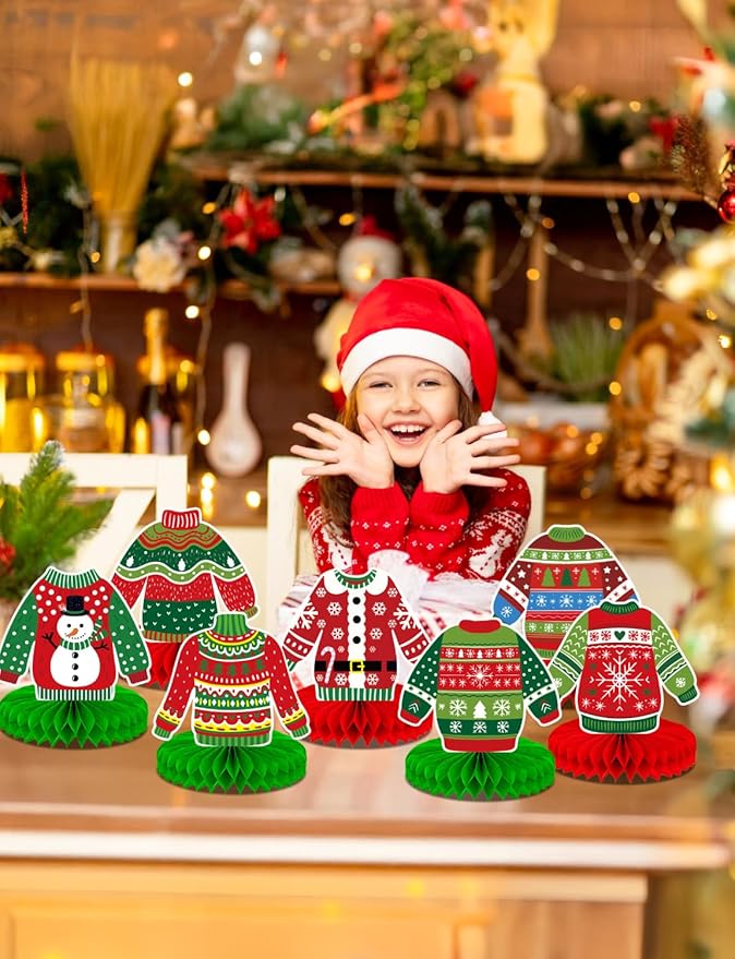 Christmas Ugly Sweater Party Table Decorations, 9 Pcs Ugly Sweater Honeycomb Centerpieces, 3D Funny Holiday Table Topper for Christmas Party Supplies, Winter Home & Office Decor