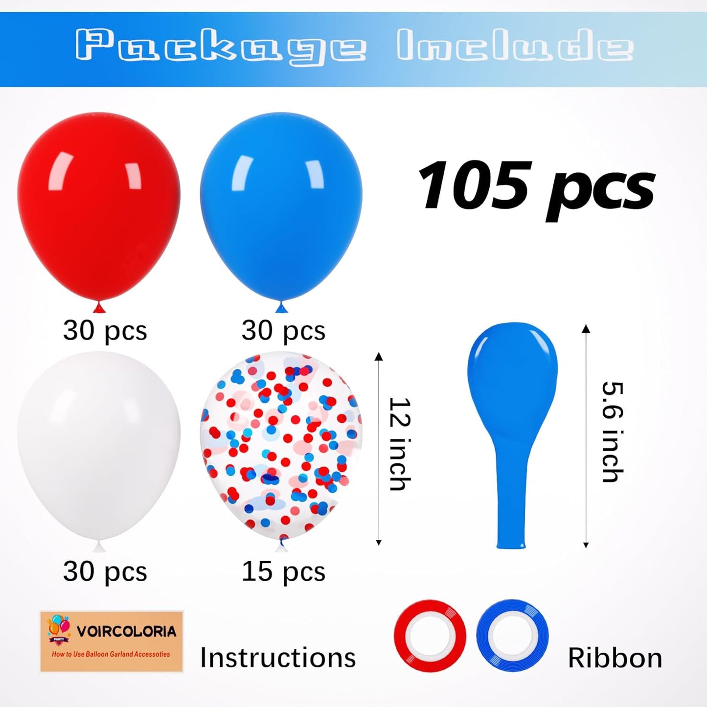 105pcs Red White Blue Balloons 12inch Party Latex Balloons for 4th of July Independence Day Graduation Anniversary Party Decorations