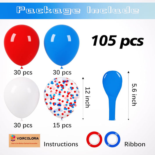 105pcs Red White Blue Balloons 12inch Party Latex Balloons for 4th of July Independence Day Graduation Anniversary Party Decorations