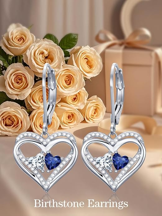 Valentines Day Gifts for Women, Heart Leverback Earrings Double Birthstone Dangle Earrings for Women, Love Jewelry for Her, Anniversary Birthday Gift for Mom Wife Girlfriend