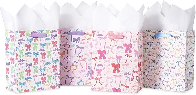 Loveinside Medium Size Gift Bags, Colorful Bow Pattern Gift Bag with Tissue Paper for Shopping, Parties, Wedding, Baby Shower, Craft-4 Pack, 7" X 4" X 9"