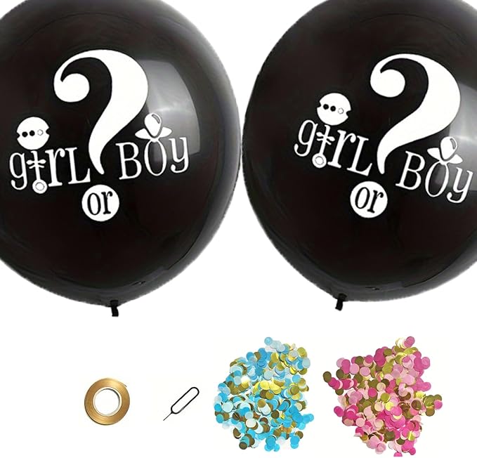 2pcs 36 inch Gender Reveal Balloon Pop Kit with Blue and Pink Confetti Poppers, Big Black Balloons for Baby Shower