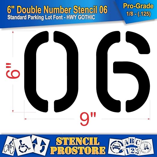Pavement, Curb, and WheelStop Stencils - 6 inch Double Number Stencil - (06) - 6" x 9" x 1/8" (128 mil) - Pro-Grade