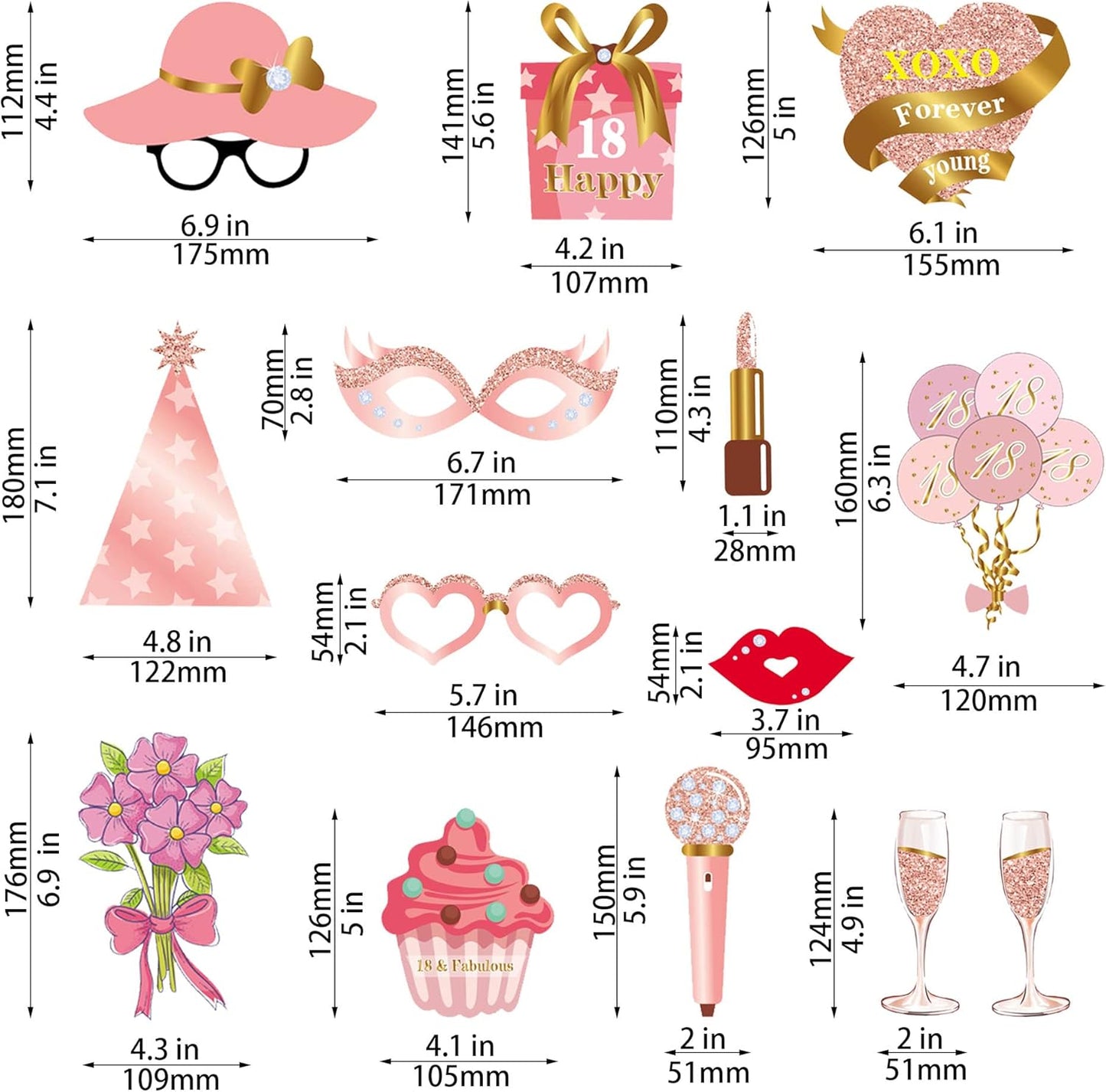 Birthday Decorations, Tumwisk 33PCS 18th Birthday Decorations for Girls, Rose Gold Happy 18th Photo Booth Props Glitter Girl Party Selfie Props (18th)