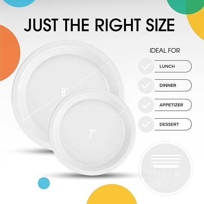 Party Solids White Plastic Plates For Party Supplies, White Disposable Plates 100 Pieces - 50-7" & 50-9" Heavy Duty 350 GSM Disposable Dinnerware Sets, Plastic Dinnerware Sets