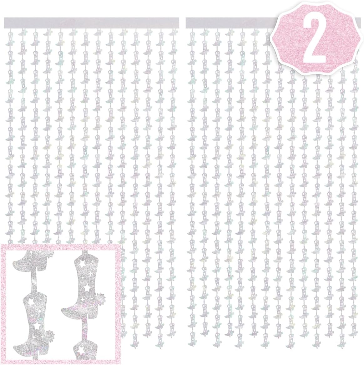 xo, Fetti Cowgirl Boot Iridescent Foil Curtain - Set of 2 | Bachelorette Party Decorations, Cowgirl Birthday Photo Booth, Last Rodeo Backdrop, Nashville, Cow Rodeo Theme, Space Cowboy