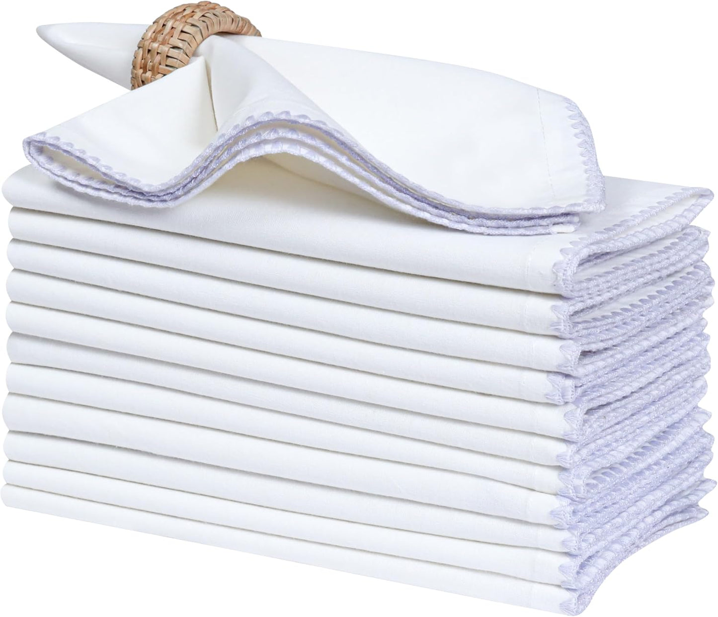 Bedding Craft Cotton Cloth Dinner Napkins Set of 12 – 18x18 Lavender Blue Napkins with Colored Edge Embroidery – Washable Fabric Napkins for Wedding Table Décor, Restaurants, Events & Everyday Dining