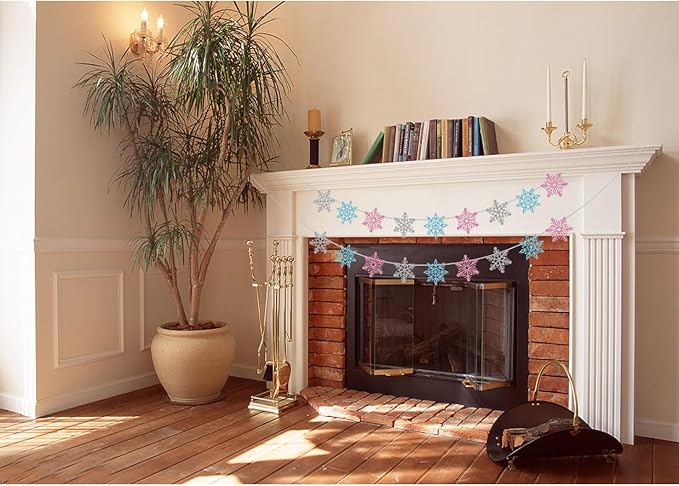 2 Pcs Silver Glitter Snowflake Banner, Snowflake Winter Party Decorations, Snowflake Garland Christmas Party Decorations (Pink)