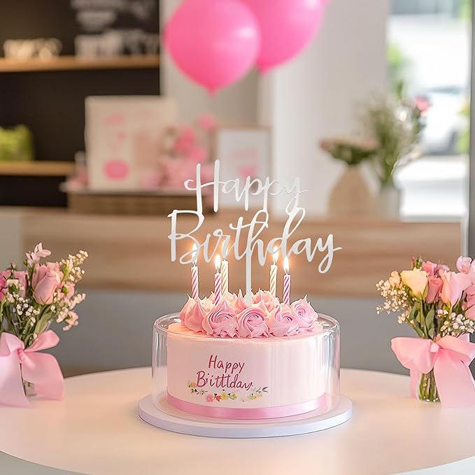 Happy Birthday Cake Topper, Mirrored Acrylic Cake Decoration Personalized Cake Toppers for Various Birthday Party Cake Decoration Supplies - Silver