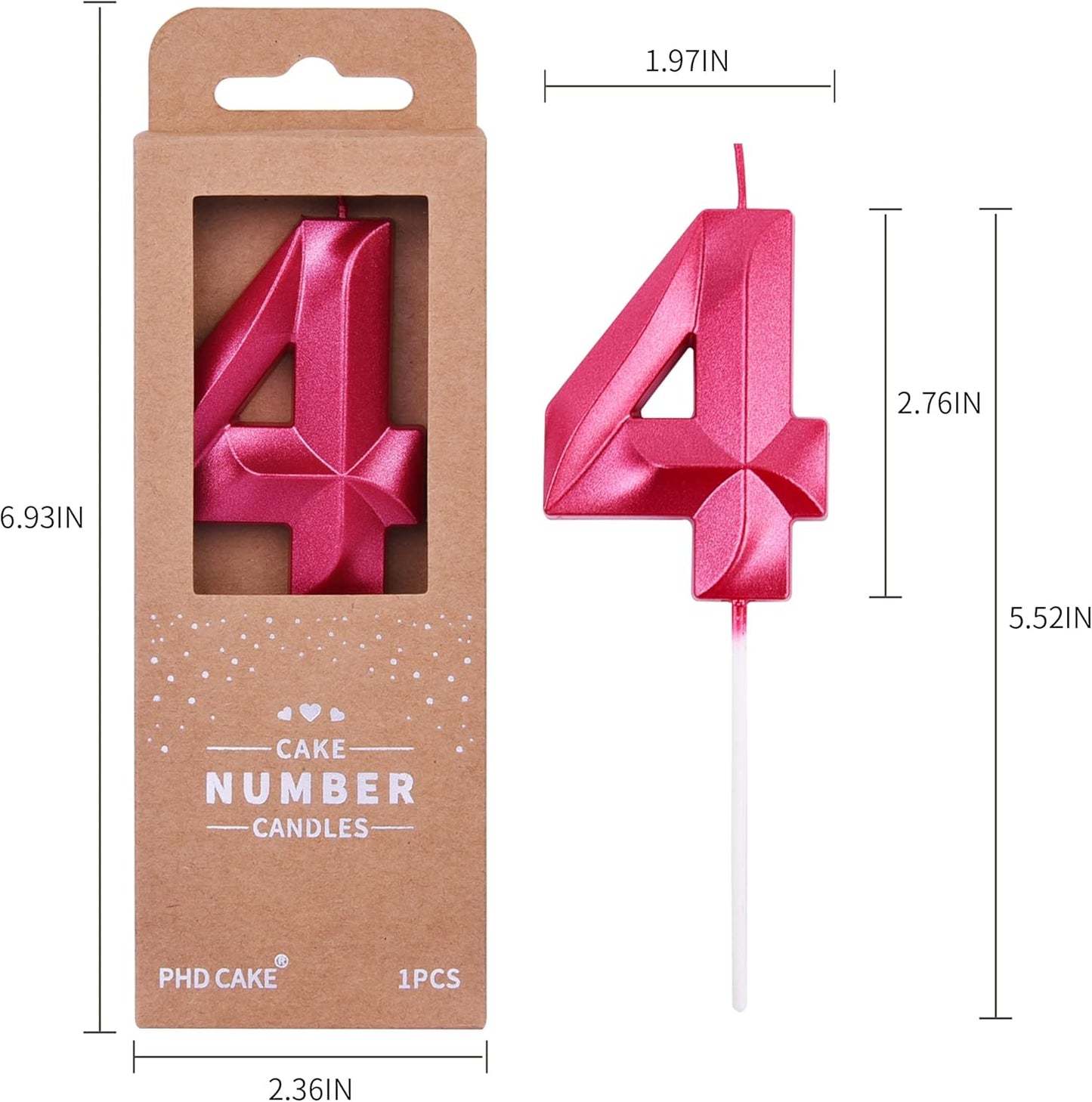 PHD CAKE 2.76 Inch Diamond Red 4 Number Birthday Candles, Red Number Candles, Cake Number Candles, Party Celebration