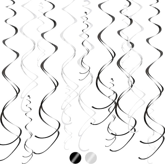 BEISHIDA Black Silver Hanging Swirls Party Decorations Plastic Streamer for Bachelorette Hanging Ornament Decorations, Retirement Wedding Birthday Graduation Party Supplies, Pack of 20