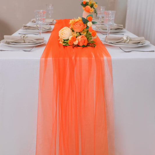 Snowkingdom Orange Fall Table Runner, Burnt Orange Gauze Sheer 10FT Long Tulle Thanksgiving Table Runners, Seasonal Autumn Harvest Cheese Cloth Decorations for Birthday Wedding Party 120inch