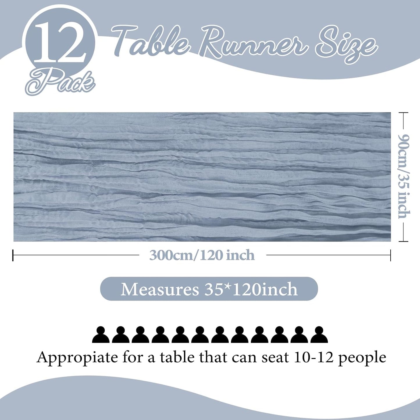 12 Pack 10FT Dusty Blue Cheesecloth Table Runner 35x120 Inch Gauze Rustic Boho Table Runner Cheese Cloth for Wedding Decor Birthday Party Bridal Baby Shower Table Centerpiece Decoration