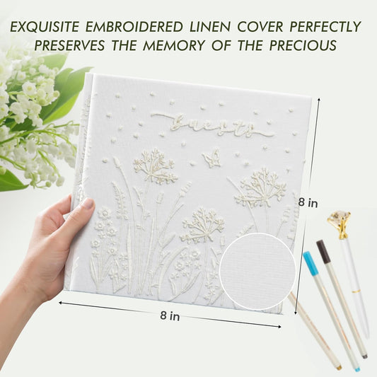 Embroidered Wedding Guest Book—The Perfect Polaroid Guest Book for Wedding Receptions， Birthdays, Baby Showers, and Special Events with 3 Photo Corner Stickers+ 3 DIY pens+1 Diamond Pen(Cream)